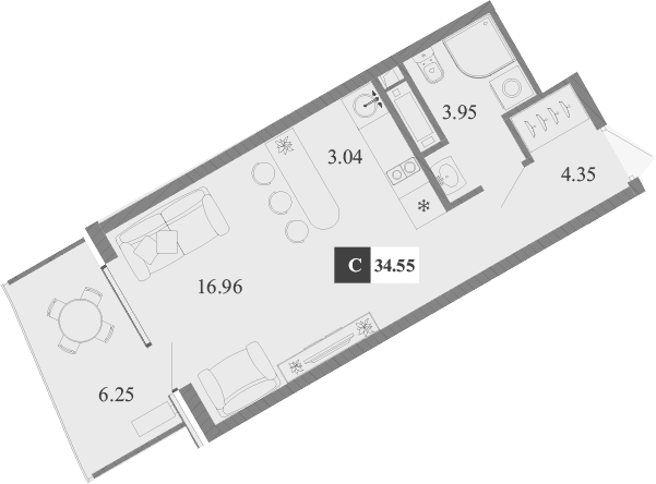 Студия, 28.3 м²