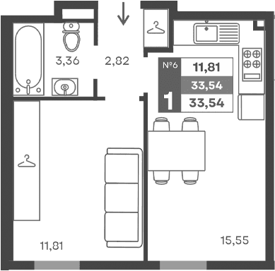 1-комн., 33.54 м²