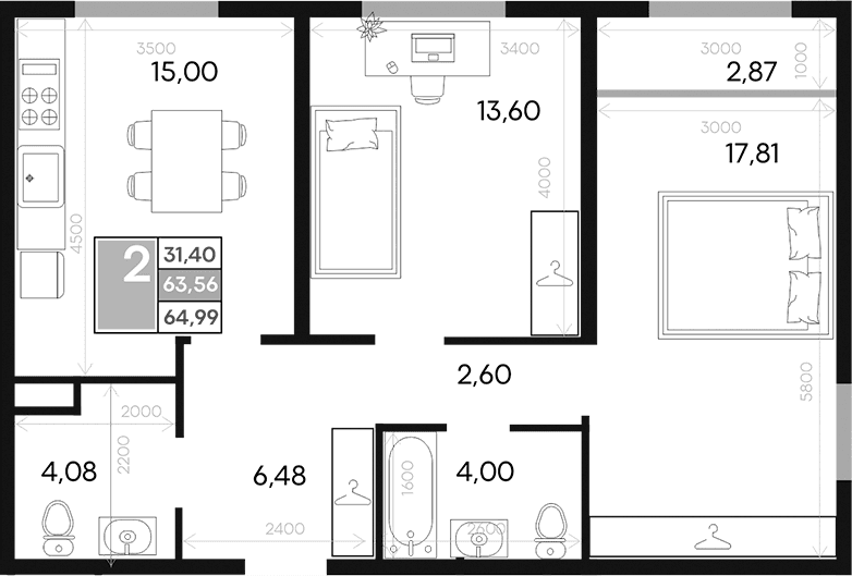 2-комн., 63.55 м²