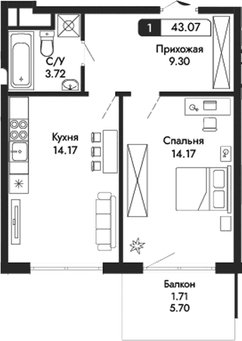 1-комн., 41.36 м²