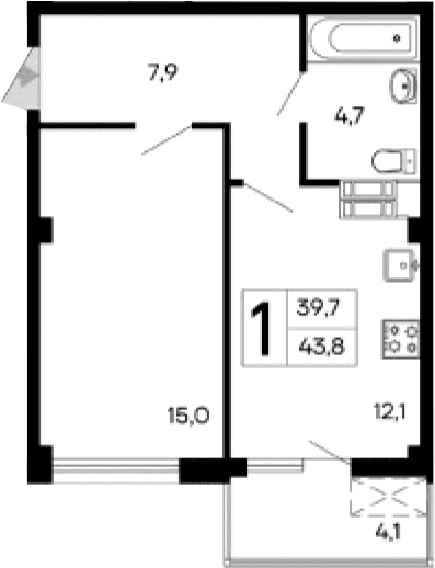 1-комн., 39.7 м²