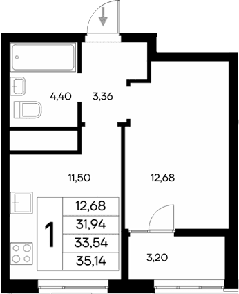 1-комн., 31.94 м²
