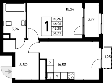 1-комн., 46.01 м²