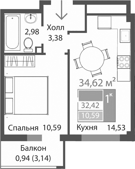 1-комн., 31.48 м²