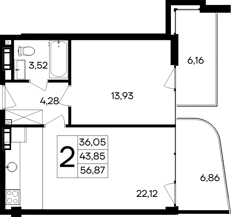 1-комн., 43.85 м²