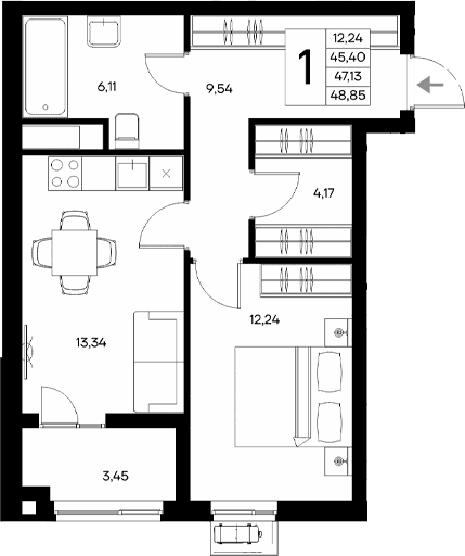 1-комн., 45.4 м²