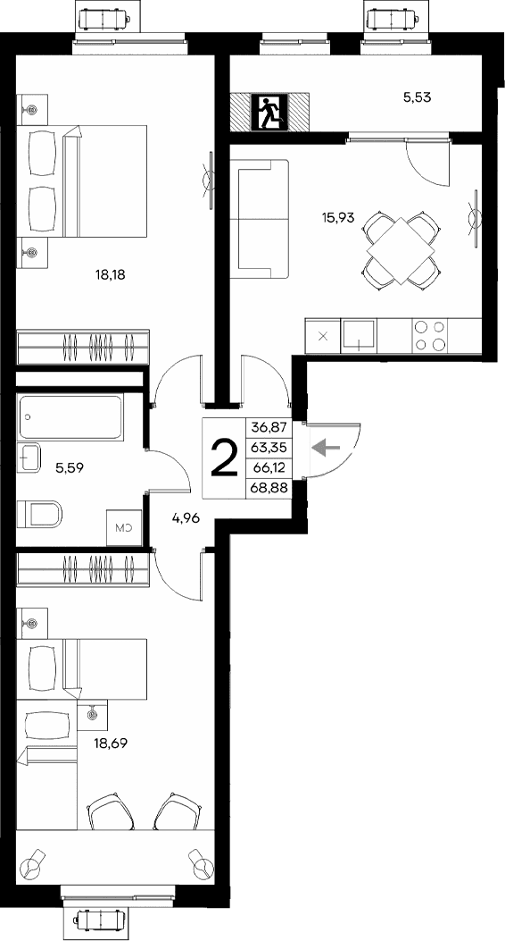 2-комн., 63.35 м²