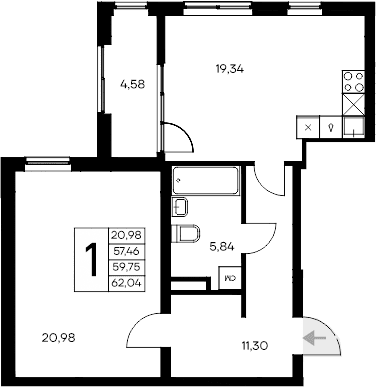 1-комн., 57.46 м²