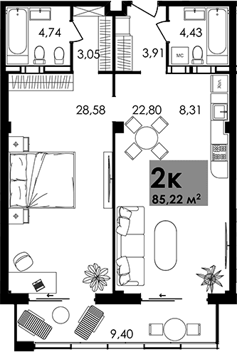 2-комн., 75.82 м²