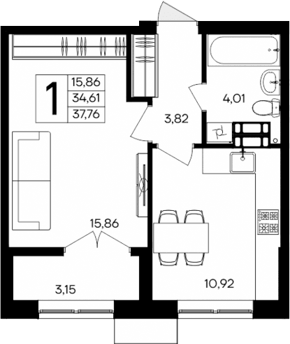 1-комн., 34.61 м²