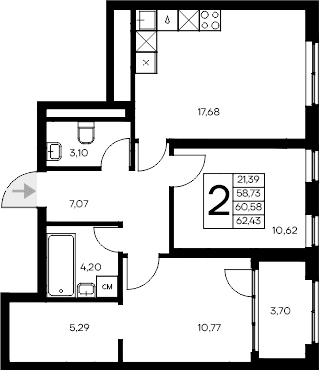 2-комн., 58.73 м²