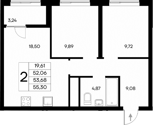 2-комн., 52.06 м²