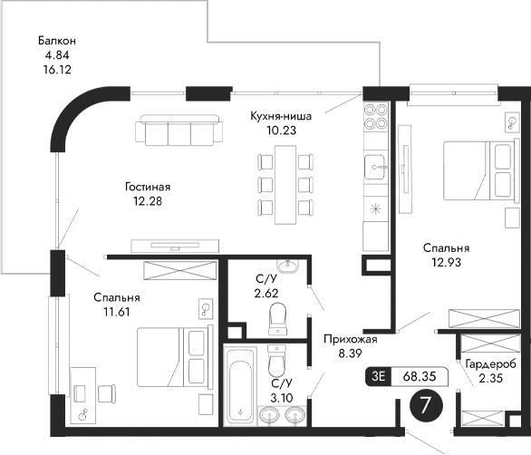 3-комн., 63.51 м²