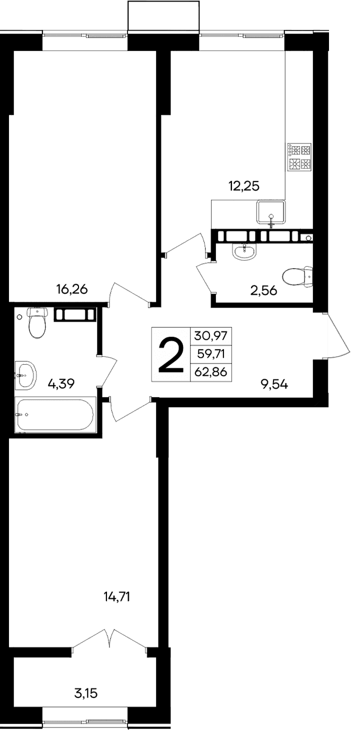 2-комн., 59.71 м²