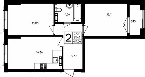 2-комн., 57.49 м²