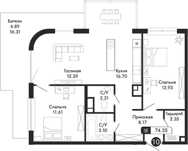 3-комн., 69.46 м²