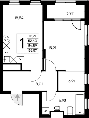 1-комн., 52.6 м²