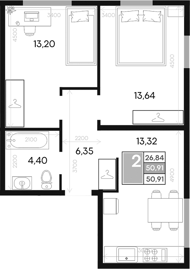 2-комн., 50.91 м²