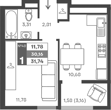 1-комн., 28.58 м²