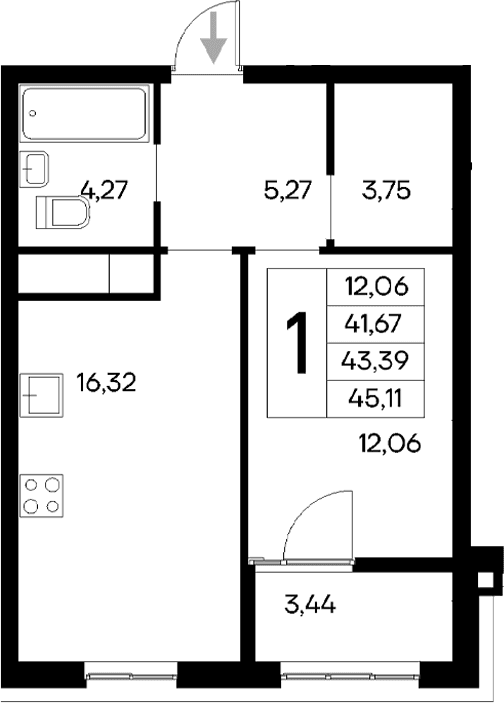 1-комн., 41.67 м²
