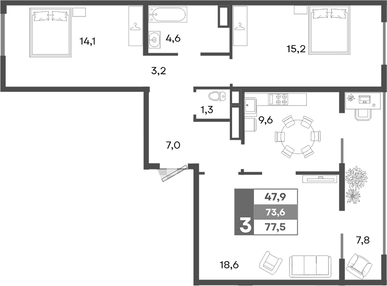 3-комн., 73.6 м²
