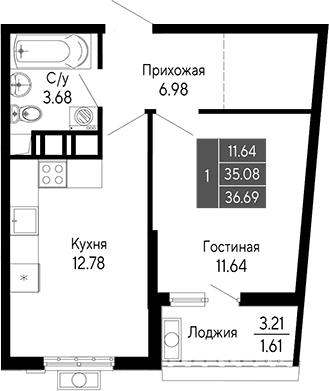 1-комн., 35.08 м²
