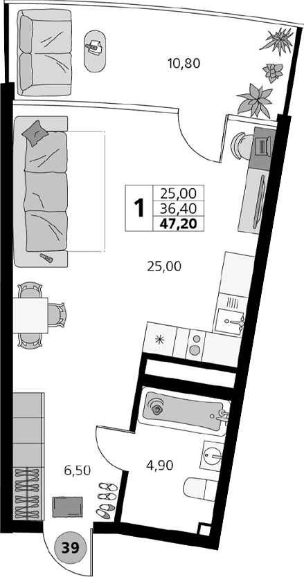 Студия, 36.4 м²