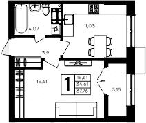 1-комн., 34.61 м²