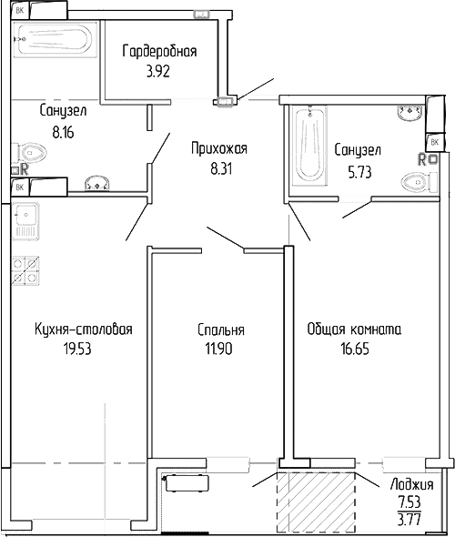 2-комн., 74.2 м²