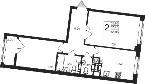 2-комн., 53.95 м²