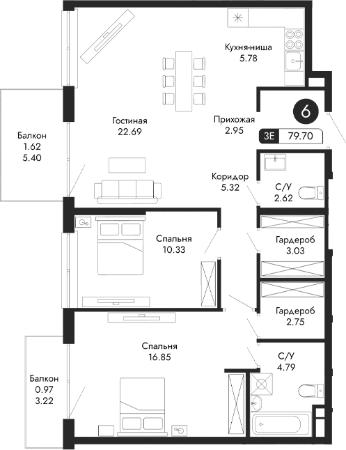 3-комн., 77.11 м²