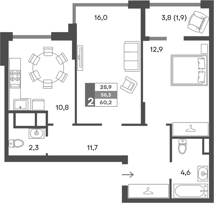 2-комн., 58.3 м²