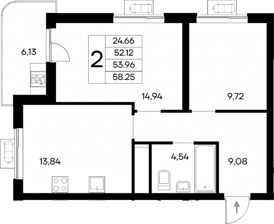 2-комн., 52.12 м²
