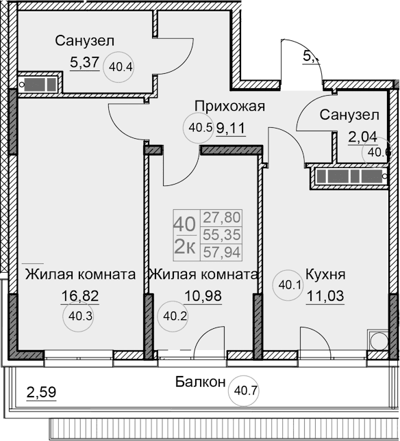 2-комн., 55.35 м²