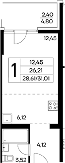 Студия, 28.61 м²