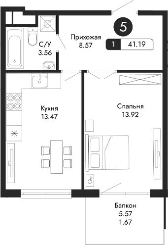 1-комн., 39.52 м²