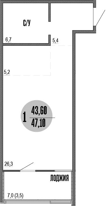 Студия, 43.9 м²