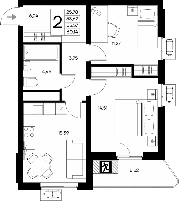 2-комн., 53.62 м²