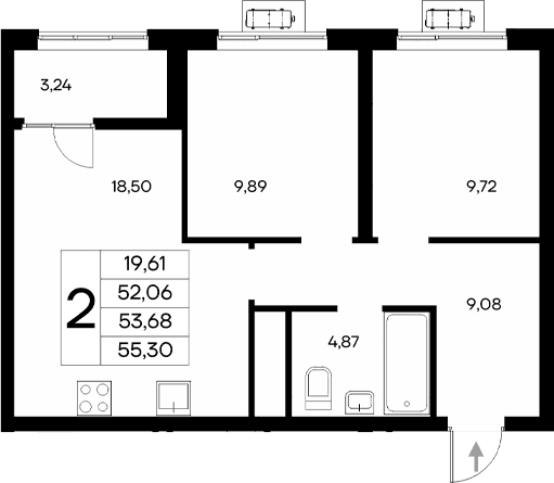 2-комн., 52.06 м²