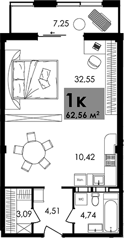 Студия, 55.31 м²