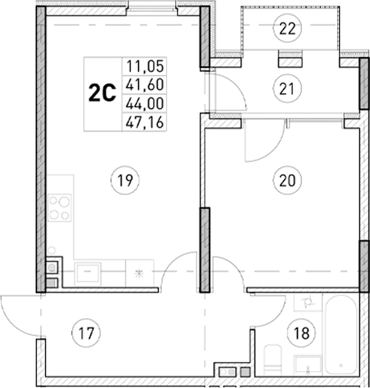 1-комн., 41.6 м²