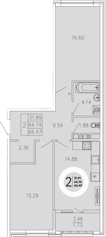 2-комн., 64.74 м²
