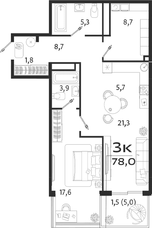 2-комн., 73 м²