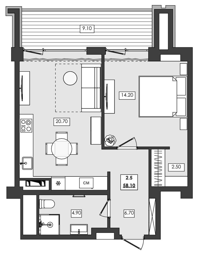 1-комн., 49 м²