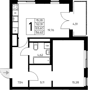 1-комн., 52.31 м²