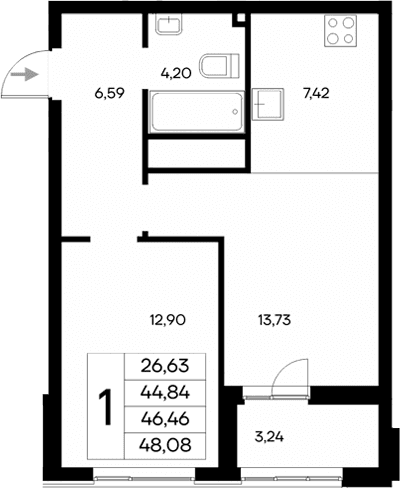 1-комн., 44.84 м²