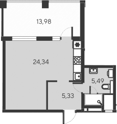 Студия, 35.16 м²
