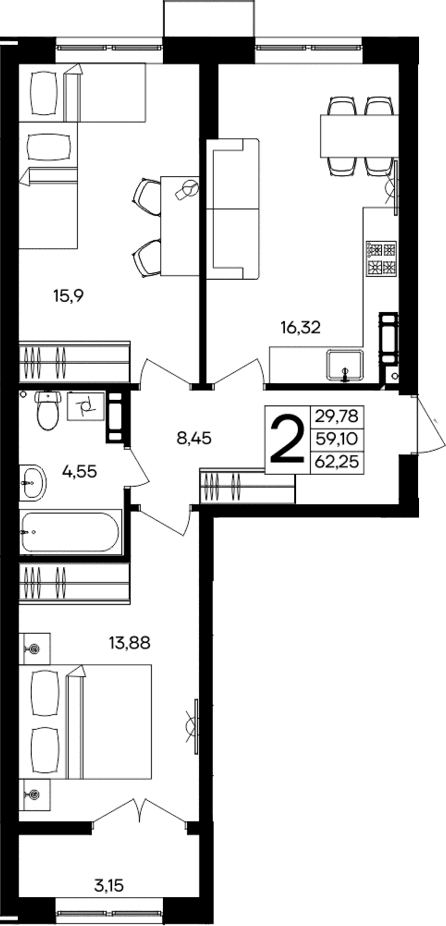 2-комн., 59.1 м²