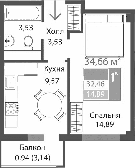 1-комн., 31.52 м²