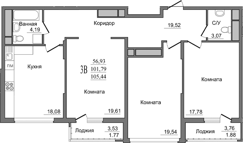 3-комн., 101.85 м²